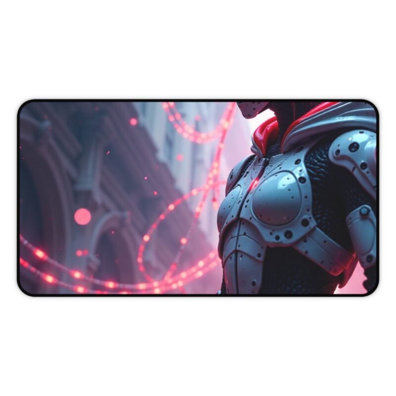 Cyberpunk Desk Mat with Futuristic Robot Design and Neo-Gothic Cityscape - Image 5