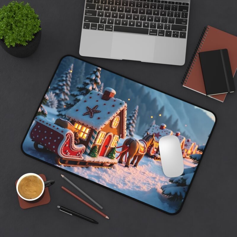Whimsical Christmas Desk Mat with Gingerbread Train and Snowy Forest Backdrop - Image 4