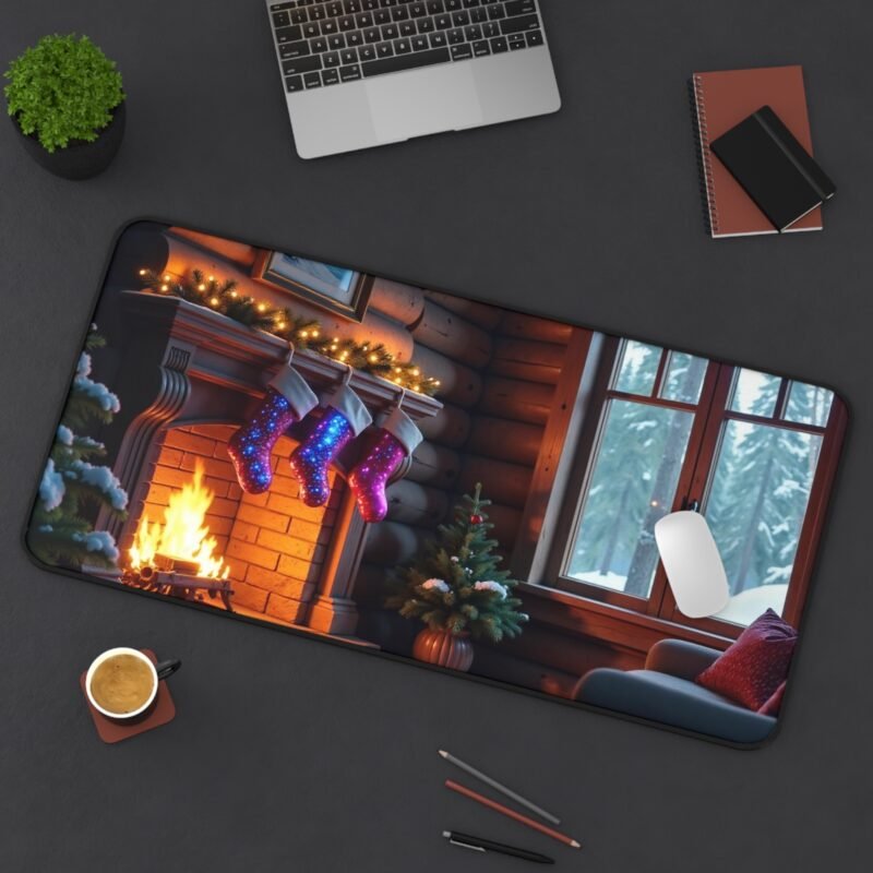 Cozy Christmas Desk Mat with Festive Fireplace and Winter Cabin Design - Image 12