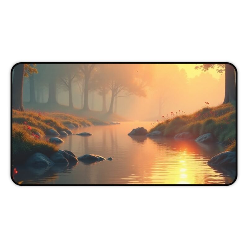 Riverside Sunrise Nature Desk Mat with Forest Stream and Misty Morning Design - Image 5