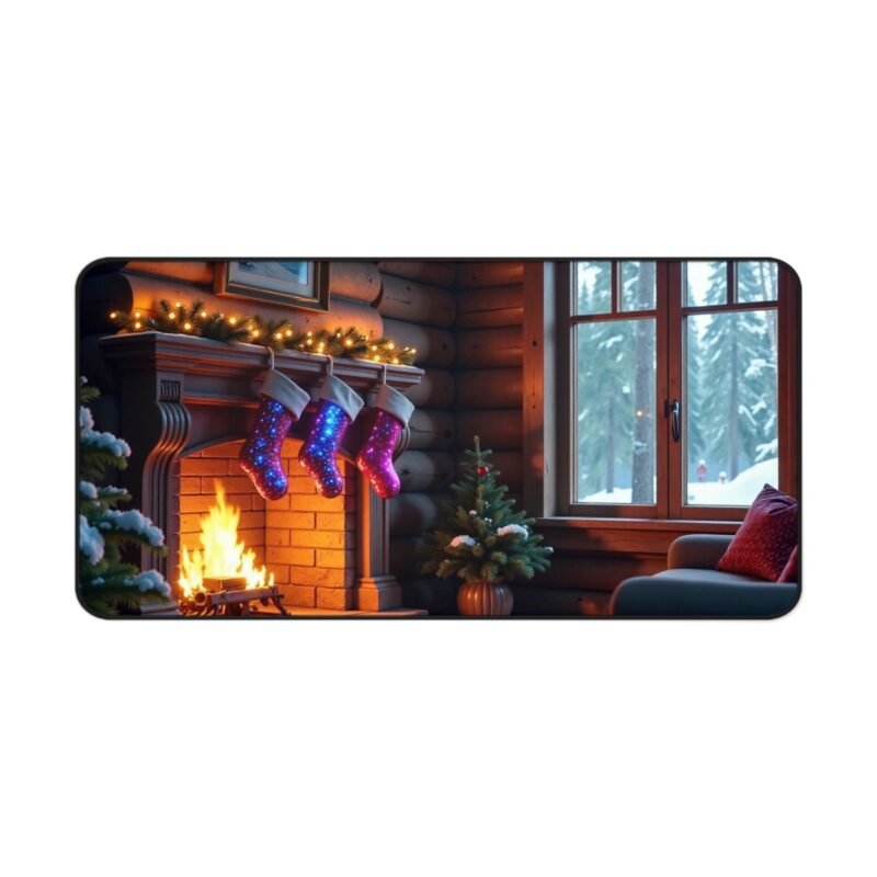 Cozy Christmas Desk Mat with Festive Fireplace and Winter Cabin Design - Image 9