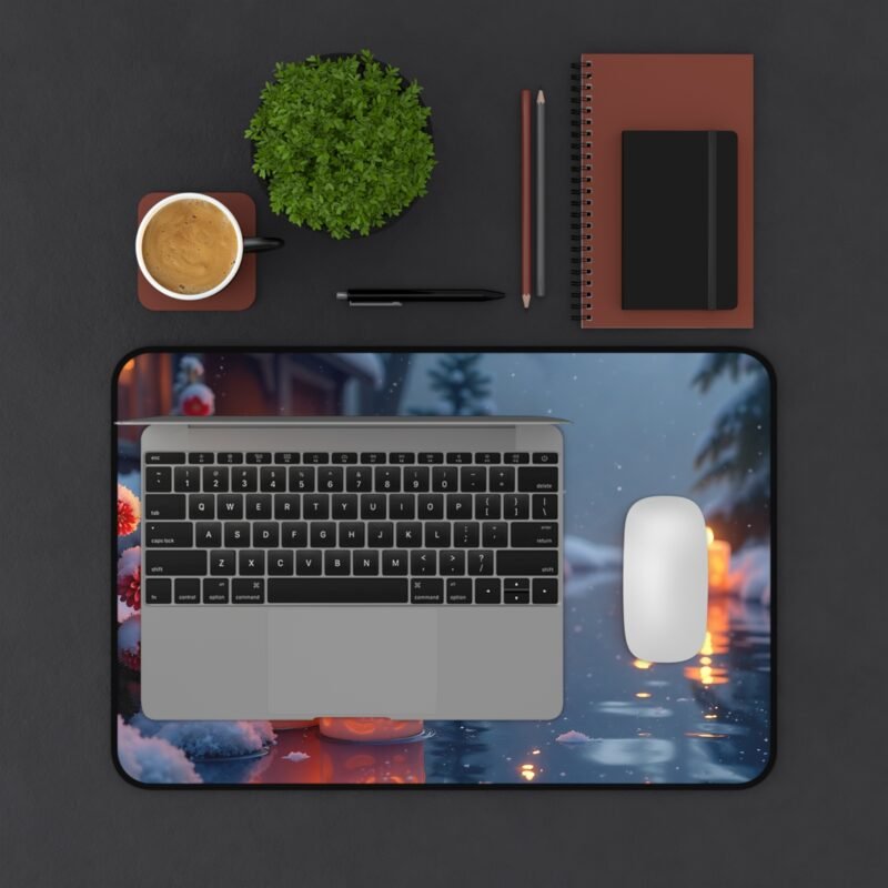 Winter Desk Mat with Cozy Candlelit Design and Serene Snowflake Snowscape - Image 3