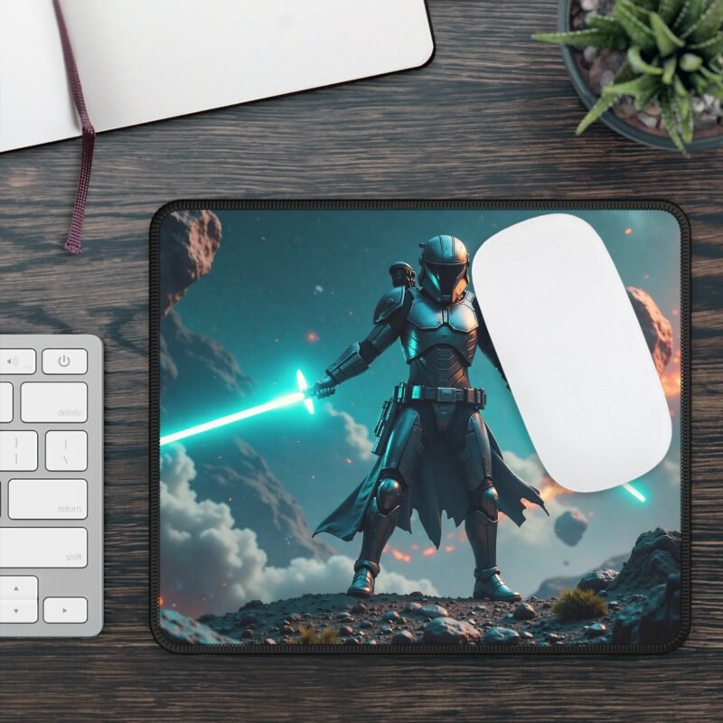 Galactic Gaming Mouse Pad with Neon Saber Warrior and Cosmic Battle Design - Image 3