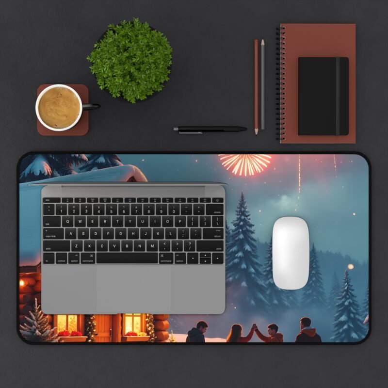 Cozy Winter Cabin Mouse Pad with Fireworks and Festive Snowy Landscape - Image 7
