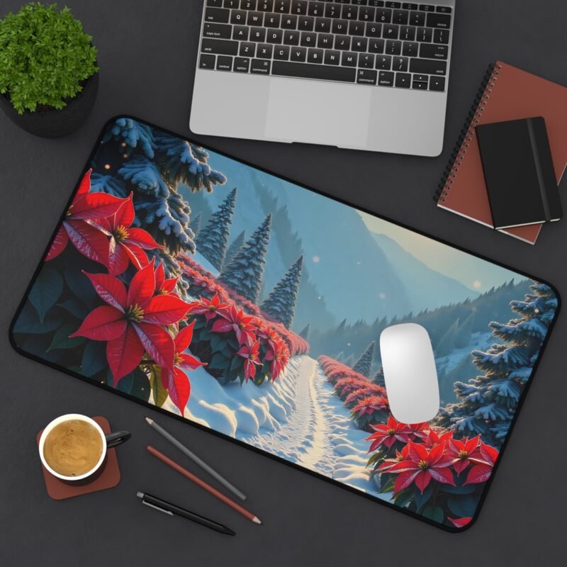 Christmas Desk Mat with Poinsettias and Snowy Evergreen Winter Wonderland Design - Image 8