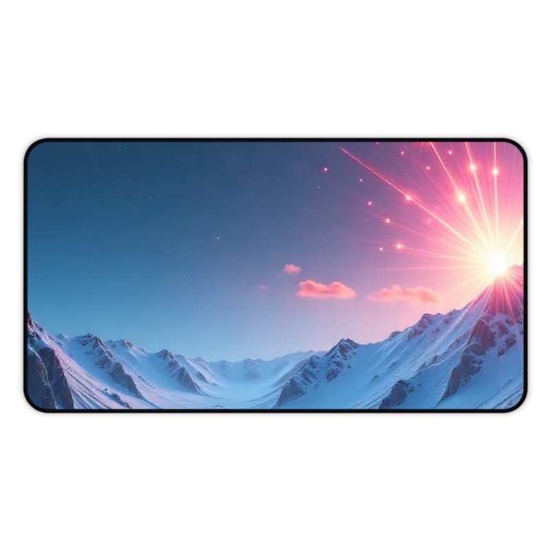 Galaxy Desk Mat with Snowy Mountain Sunrise and Celestial Design - Image 5