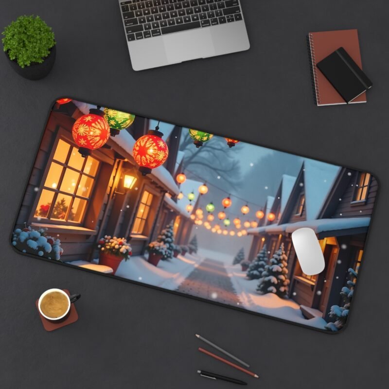 Winter Village Desk Mat with Festive Lanterns and Snowy Cottage Scene - Image 12