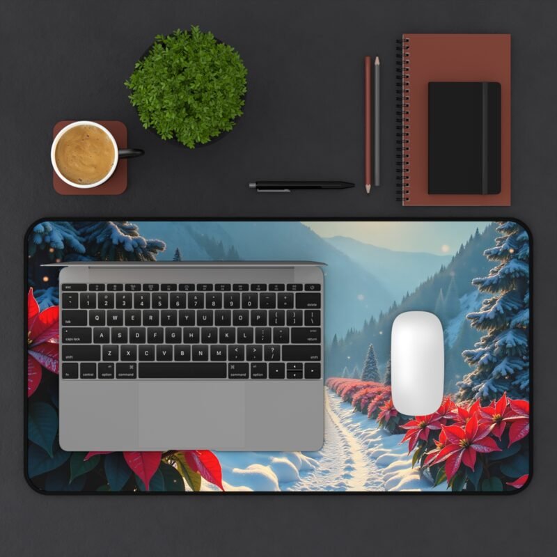 Christmas Desk Mat with Poinsettias and Snowy Evergreen Winter Wonderland Design - Image 7