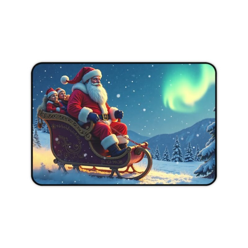 Christmas Desk Mat with Santa and Aurora Snowy Landscape for Holiday Cheer