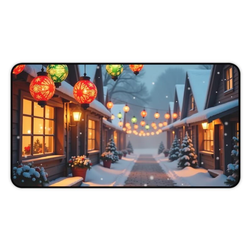 Winter Village Desk Mat with Festive Lanterns and Snowy Cottage Scene - Image 5