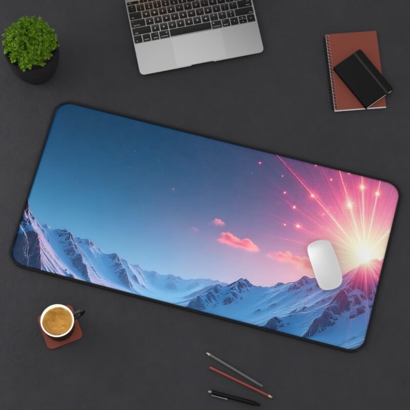 Galaxy Desk Mat with Snowy Mountain Sunrise and Celestial Design - Image 12
