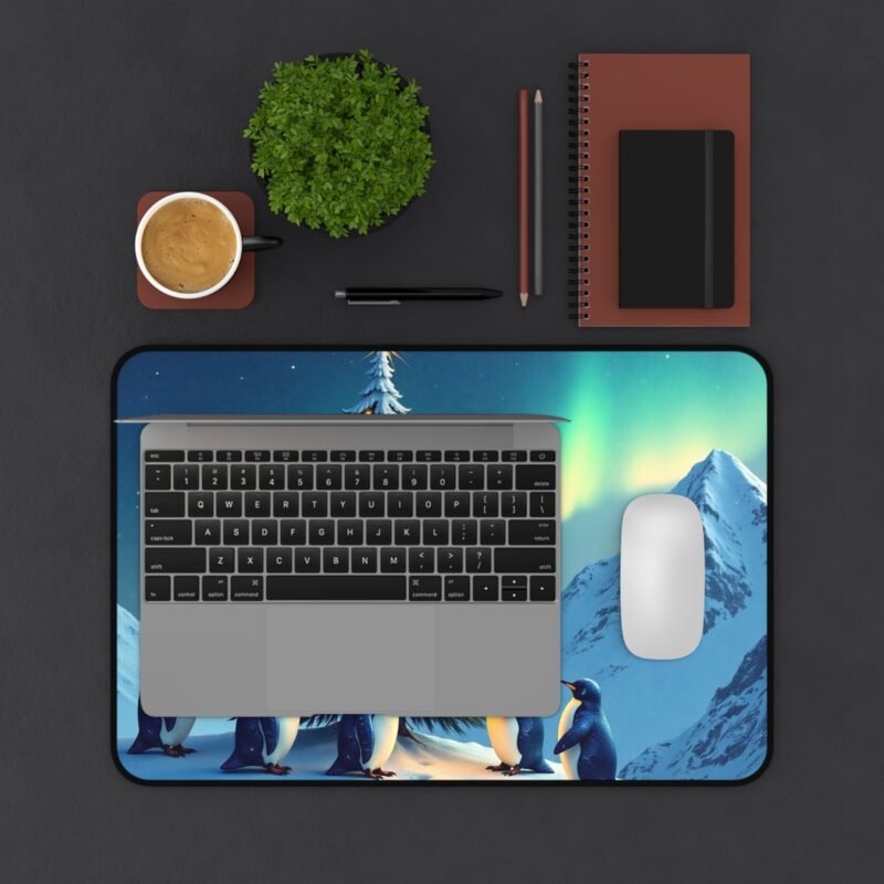Winter Desk Mat with Festive Penguins and Northern Lights Design - Image 3