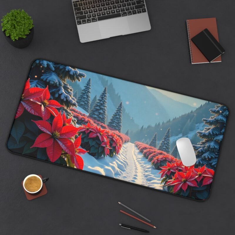 Christmas Desk Mat with Poinsettias and Snowy Evergreen Winter Wonderland Design - Image 12