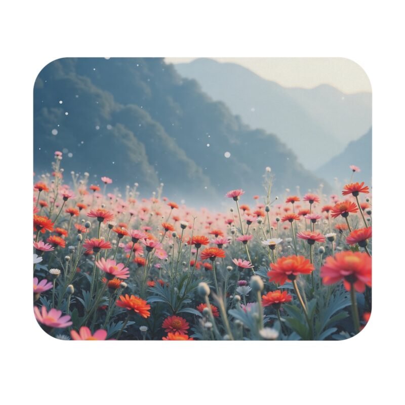 Nature Desk Mat with Red and Pink Flowers and Misty Mountain Backdrop