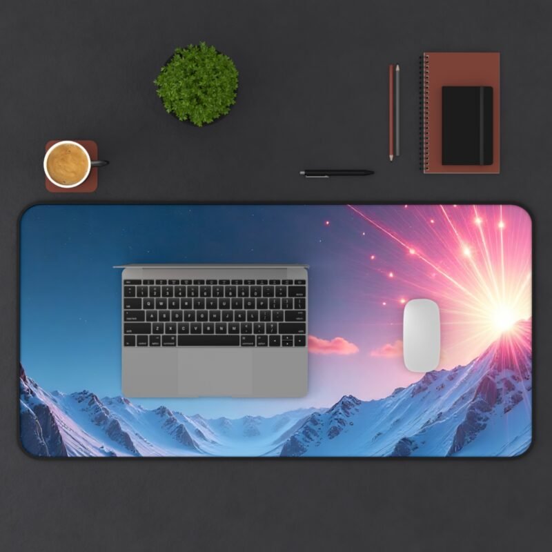 Galaxy Desk Mat with Snowy Mountain Sunrise and Celestial Design - Image 11