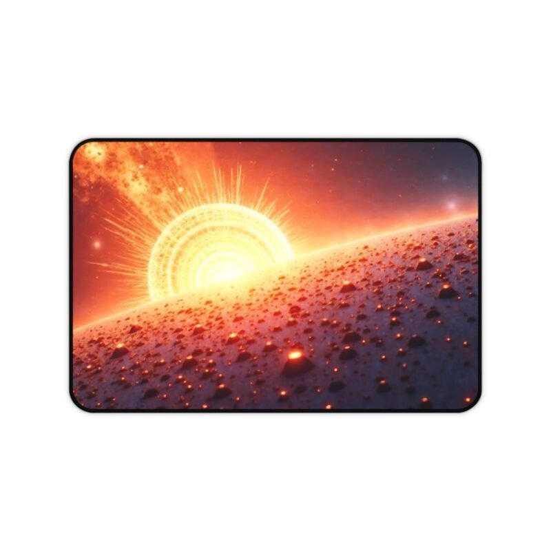 Space Themed Desk Mat with Fiery Cosmic Portal and Planetary Design