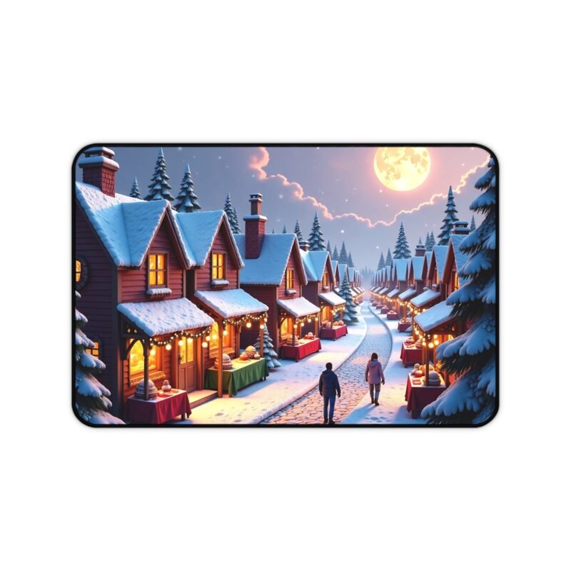 Winter Wonderland Mouse Pad with Festive Snow-Covered Cottages and Holiday Market Scene
