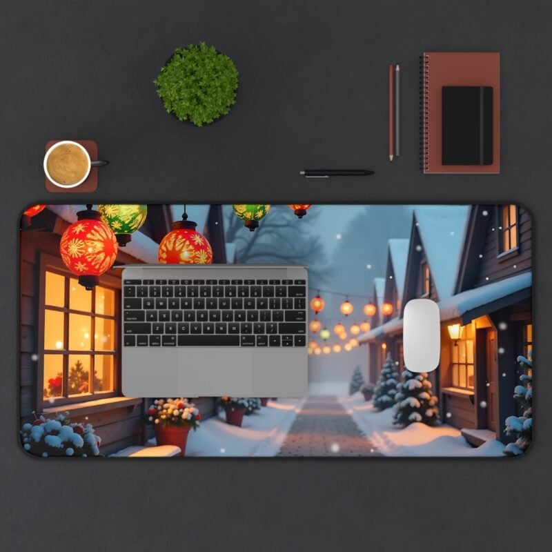 Winter Village Desk Mat with Festive Lanterns and Snowy Cottage Scene - Image 11