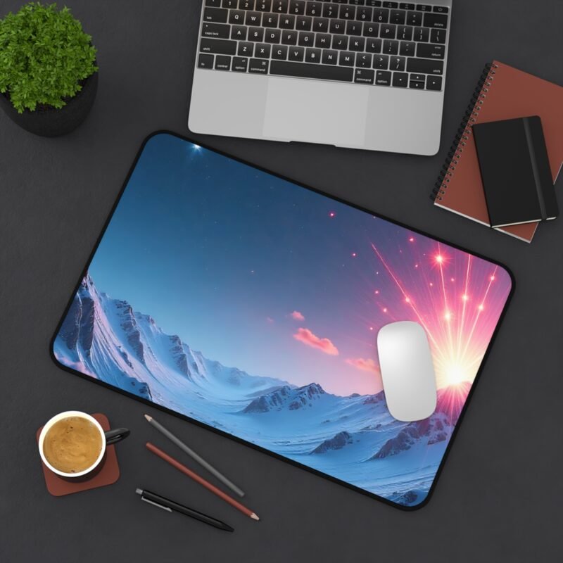 Galaxy Desk Mat with Snowy Mountain Sunrise and Celestial Design - Image 4