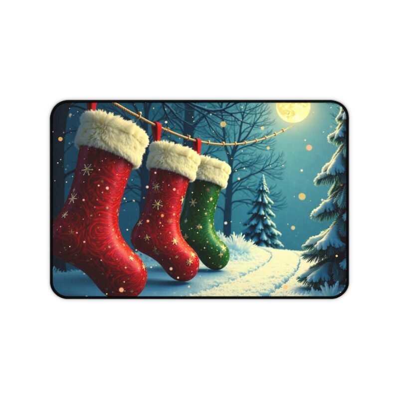Christmas Desk Mat with Stockings and Snowy Winter Wonderland Design