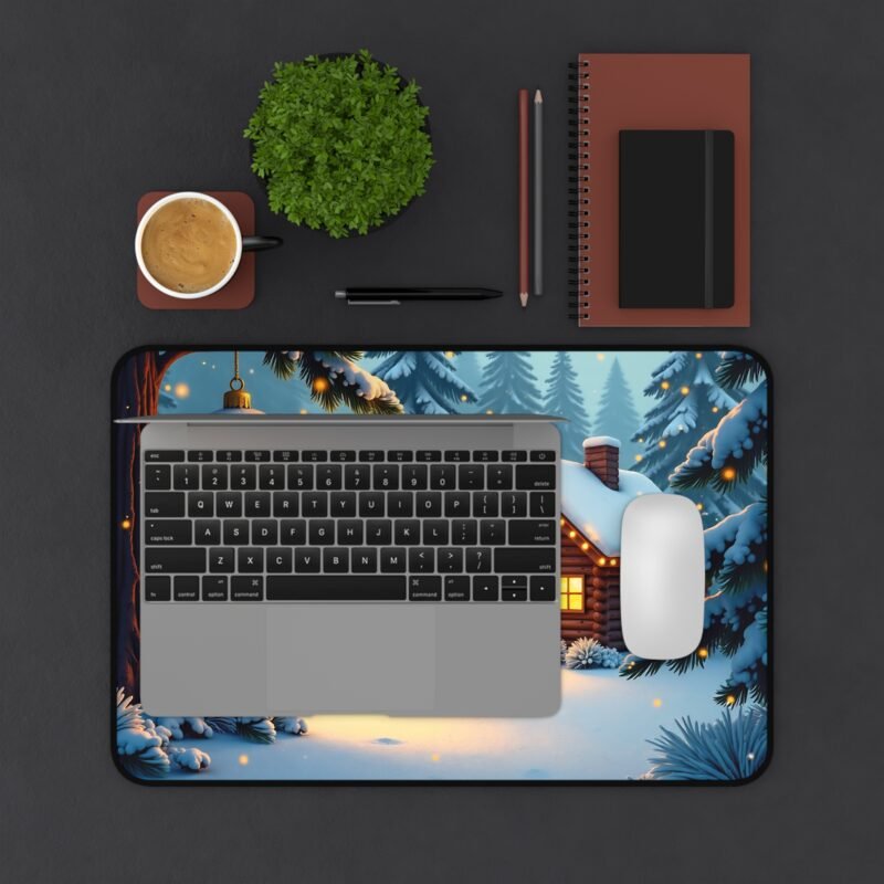 Cozy Christmas Mouse Pad with Winter Wonderland Log Cabin Design - Image 3