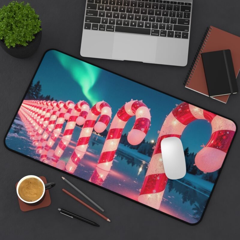 Holiday Desk Mat with Aurora Borealis and Festive Candy Cane Design - Image 8