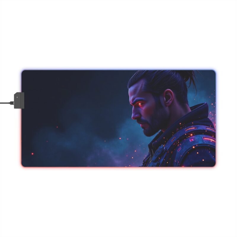 RGB Gaming Mouse Pad with Futuristic Warrior Design and Glowing Red LED Accents