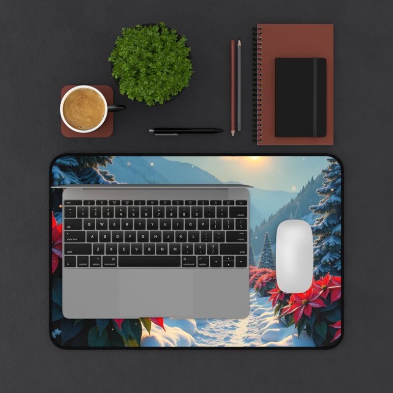 Christmas Desk Mat with Poinsettias and Snowy Evergreen Winter Wonderland Design - Image 3
