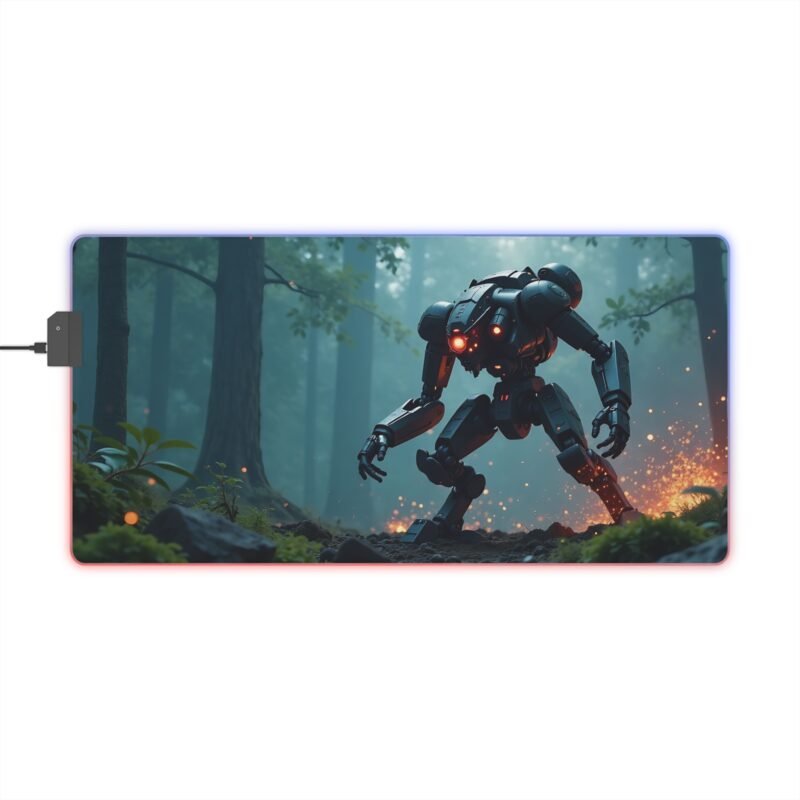 RGB Gaming Mouse Pad Sci-Fi Design with Robotic Sentinel and Mystical Forest Theme