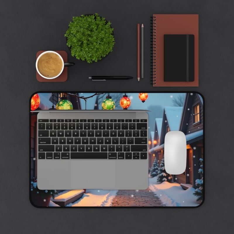 Winter Village Desk Mat with Festive Lanterns and Snowy Cottage Scene - Image 3