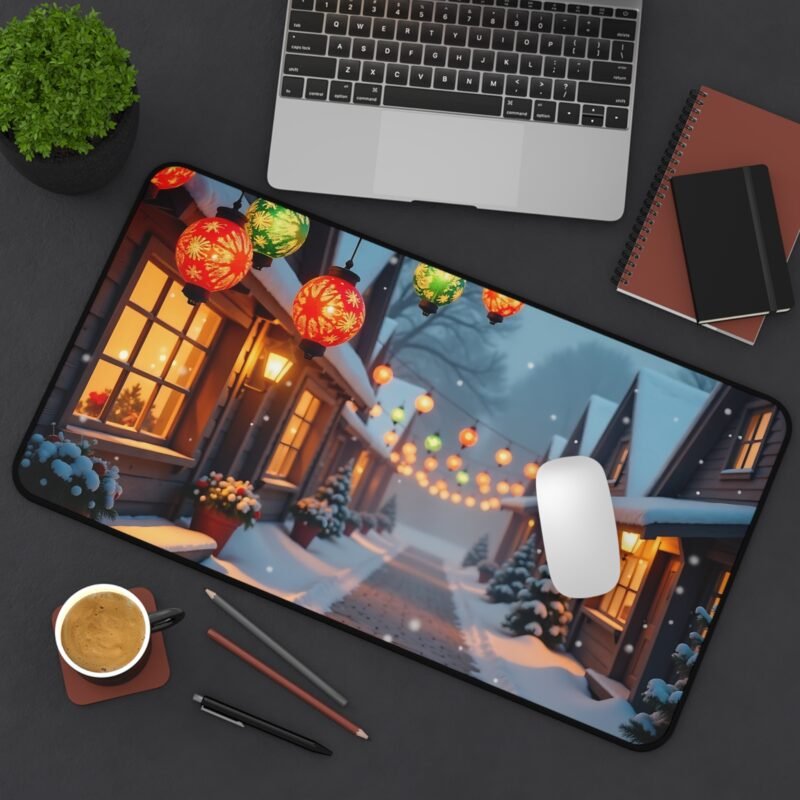 Winter Village Desk Mat with Festive Lanterns and Snowy Cottage Scene - Image 8