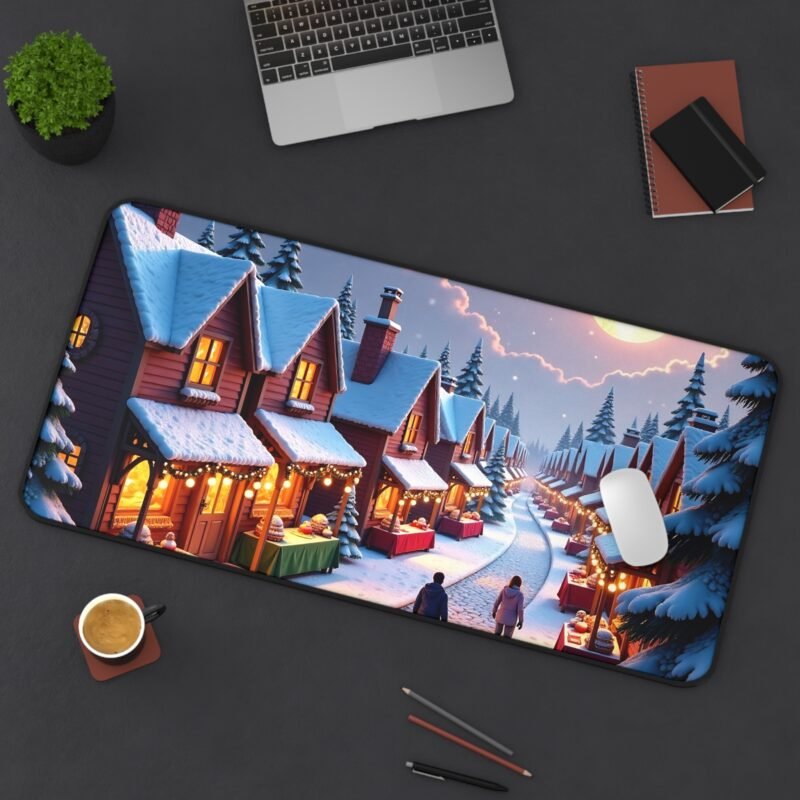 Winter Wonderland Mouse Pad with Festive Snow-Covered Cottages and Holiday Market Scene - Image 12
