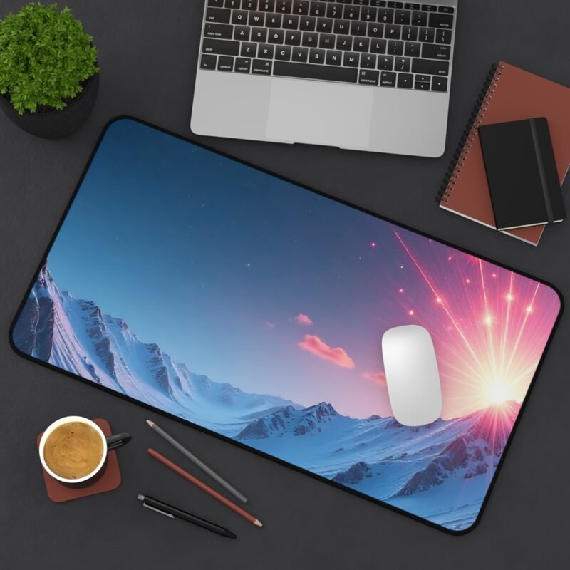 Galaxy Desk Mat with Snowy Mountain Sunrise and Celestial Design - Image 8