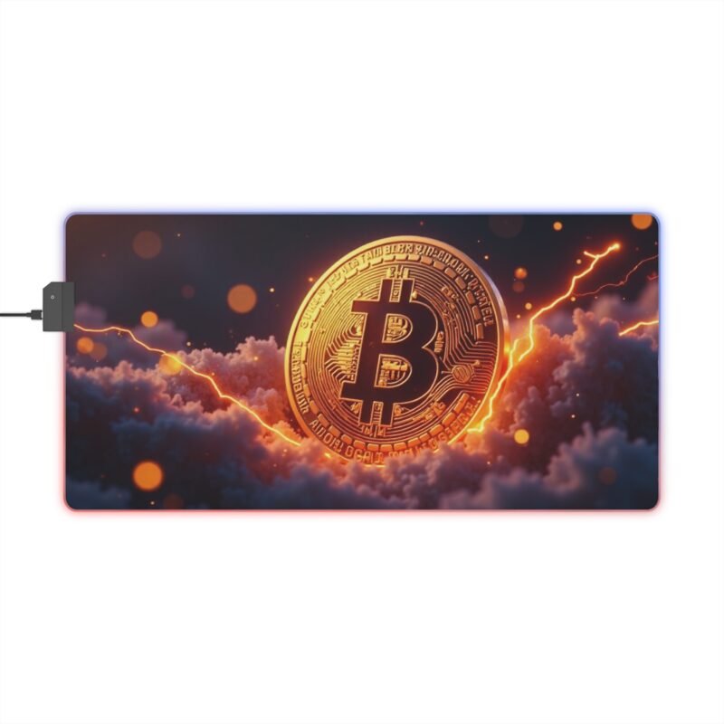 Bitcoin Gaming Mouse Pad with LED Glow and Digital Lightning Design