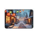 Winter Village Desk Mat with Festive Lanterns and Snowy Cottage Scene