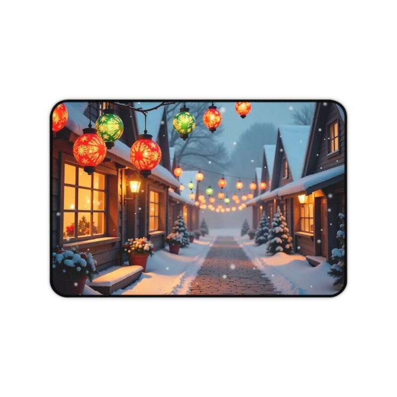 Winter Village Desk Mat with Festive Lanterns and Snowy Cottage Scene