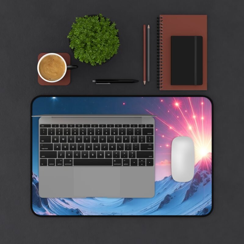 Galaxy Desk Mat with Snowy Mountain Sunrise and Celestial Design - Image 3