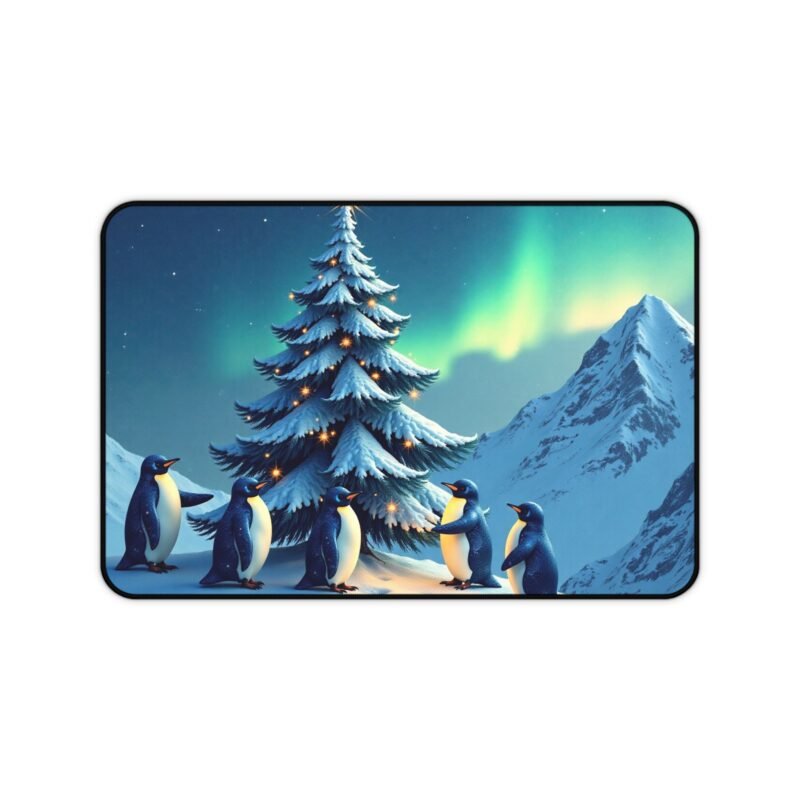 Winter Desk Mat with Festive Penguins and Northern Lights Design