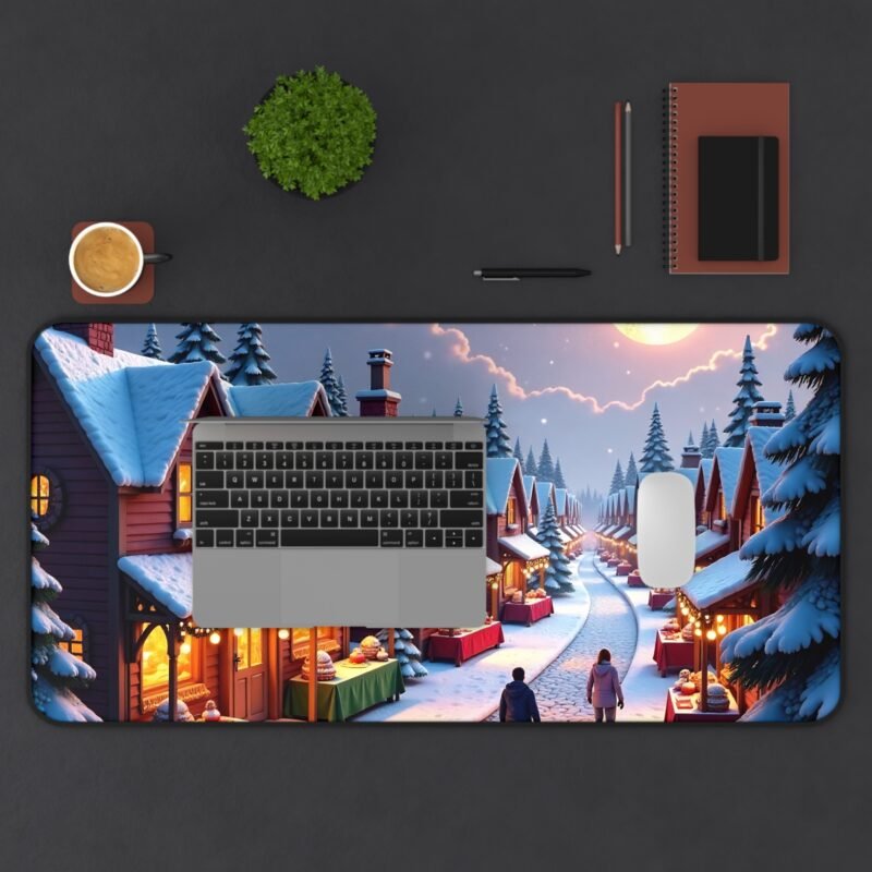 Winter Wonderland Mouse Pad with Festive Snow-Covered Cottages and Holiday Market Scene - Image 11