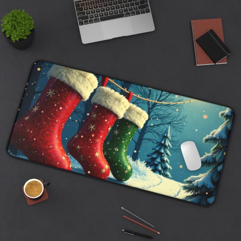 Christmas Desk Mat with Stockings and Snowy Winter Wonderland Design - Image 12