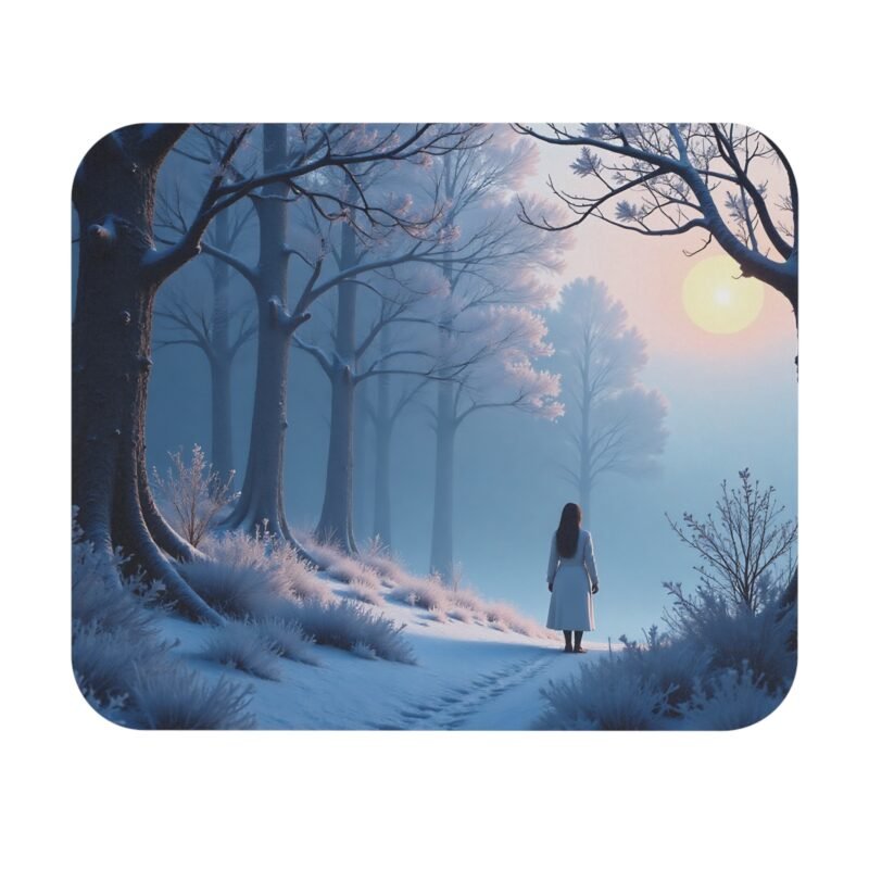 Winter Desk Mat with Frosty Forest Sunrise Design for Calm Workspaces