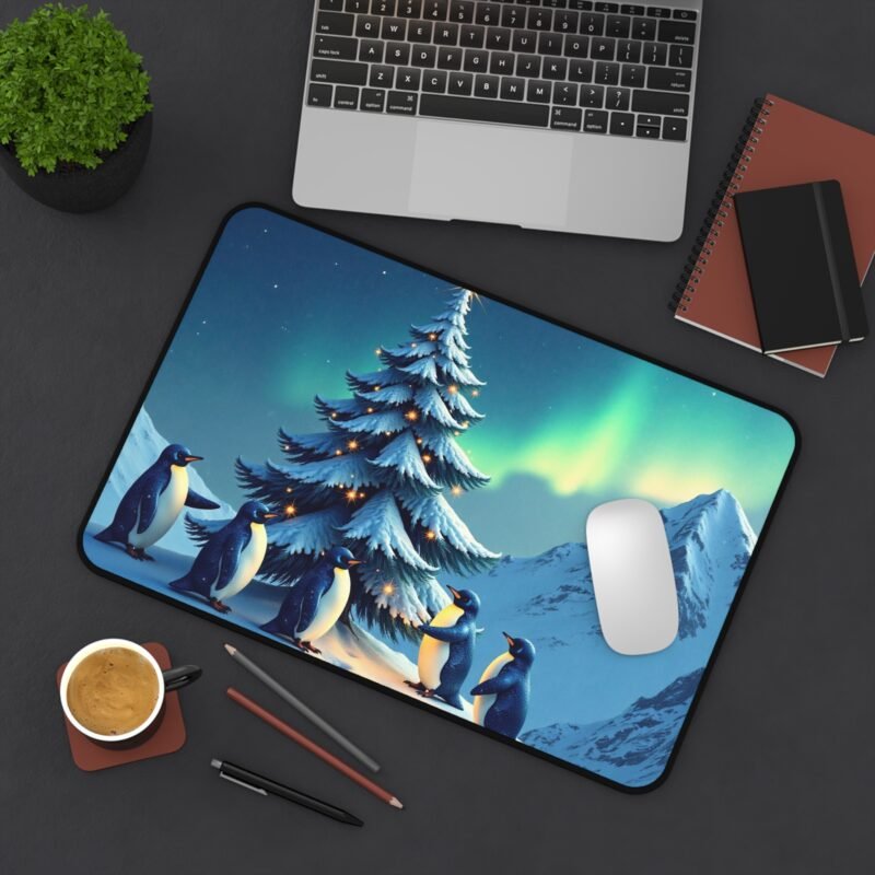 Winter Desk Mat with Festive Penguins and Northern Lights Design - Image 4