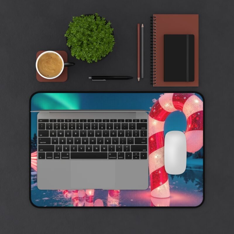 Holiday Desk Mat with Aurora Borealis and Festive Candy Cane Design - Image 3