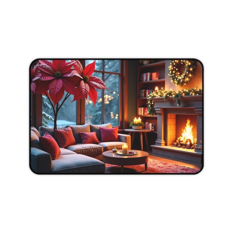 Cozy Christmas Desk Mat with Festive Fireplace and Winter Wonderland Design