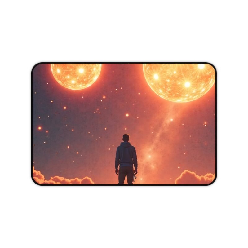 Galaxy Desk Mat Cosmic Design with Twin Celestial Orbs for Space Enthusiasts and Creative Inspiration