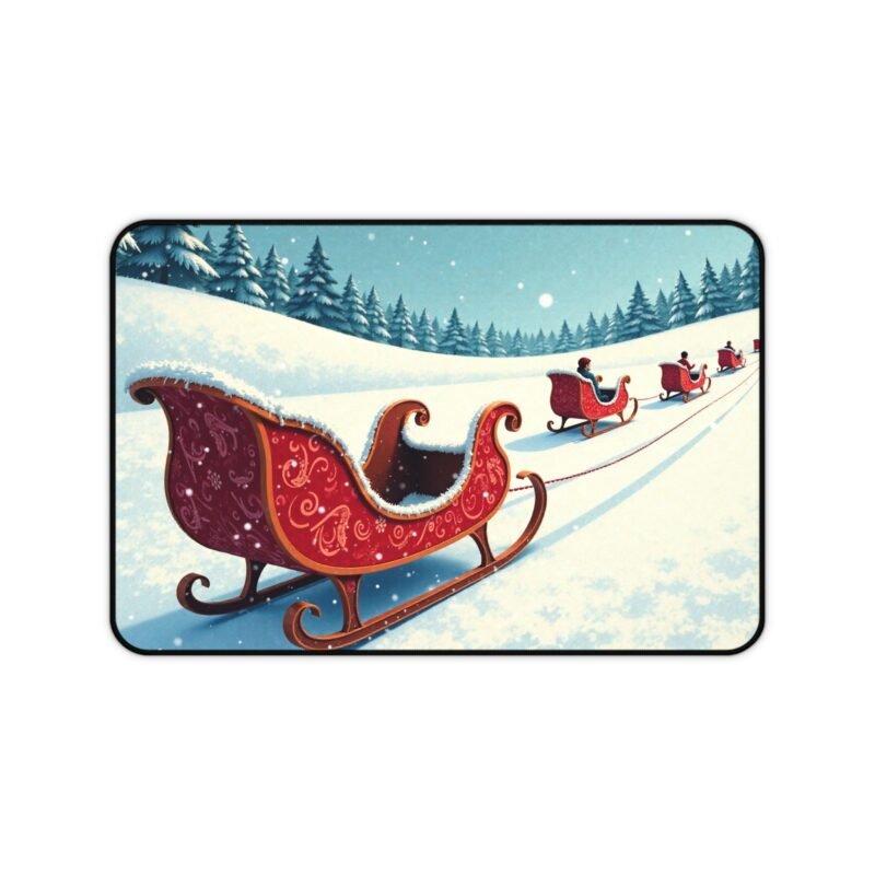 Festive Christmas Desk Mat with Vibrant Sleigh Ride and Winter Snowfall Scene