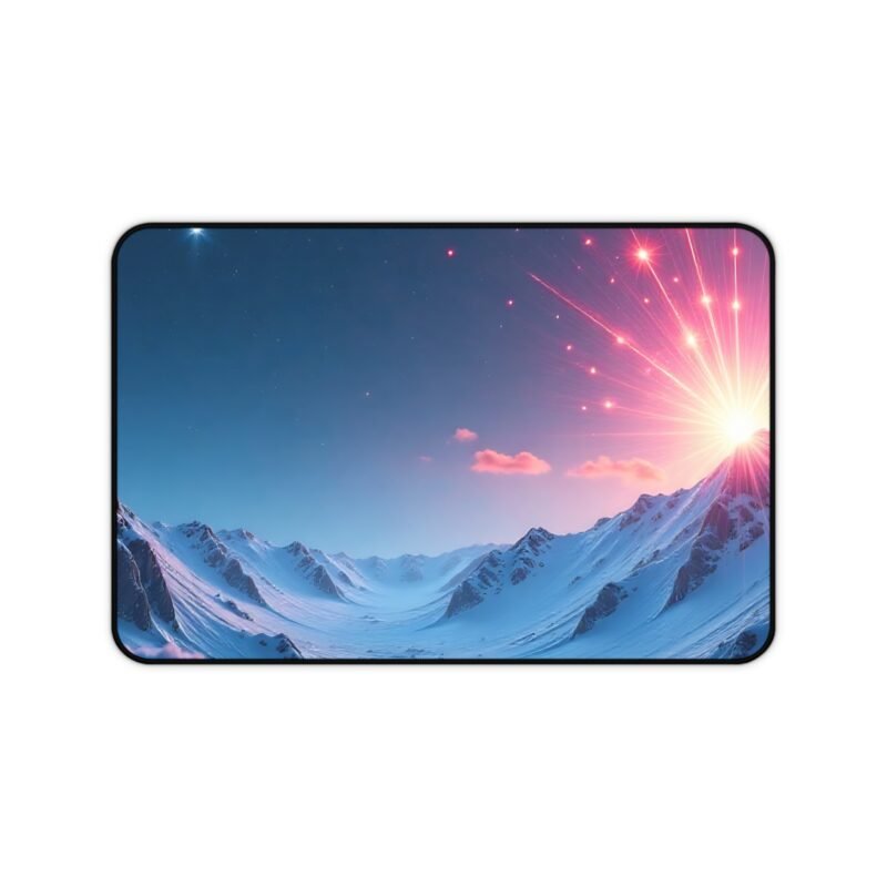 Galaxy Desk Mat with Snowy Mountain Sunrise and Celestial Design