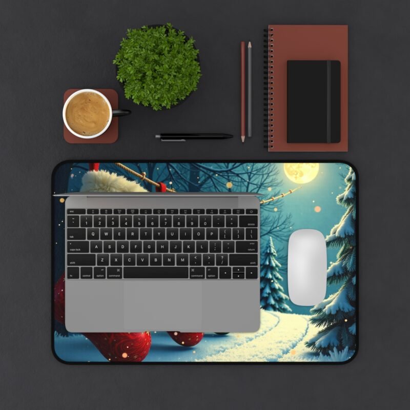 Christmas Desk Mat with Stockings and Snowy Winter Wonderland Design - Image 3