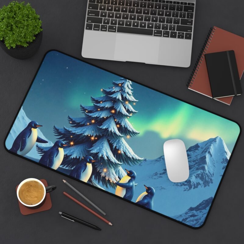 Winter Desk Mat with Festive Penguins and Northern Lights Design - Image 8