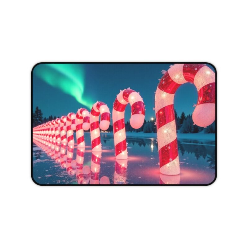 Holiday Desk Mat with Aurora Borealis and Festive Candy Cane Design